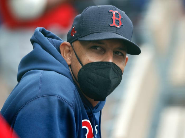 Boston Red Sox manager Alex Cora looks on during the first inning against the Atlanta Braves at CoolToday Park.